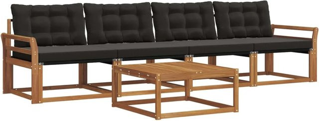 vidaXL Outdoor-Sofagarnitur 5-tlg. aus massivem Akazienholz mit Textilene und Kissen in Natur und Schwarz - Bild 1