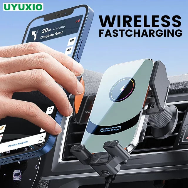 UYUXIO Drahtloser Kfz-Ladegerät-Adapter mit automatischer Klemmung und Lüftungsschlitzen in Schwarz für iPhone 16, 15 Pro Max und Samsung - Bild 1