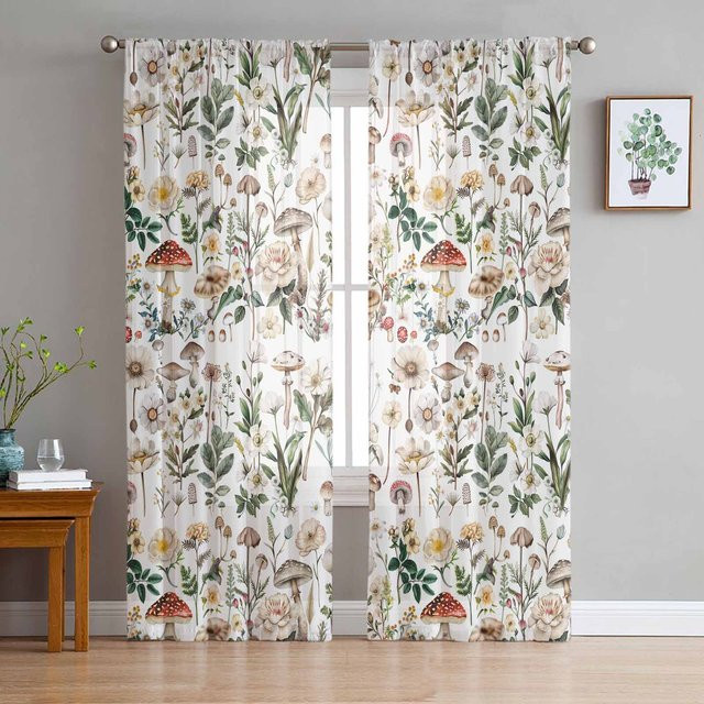 Super Six Chiffon Vorhang mit Pilz- und Blumenmuster in Weiß, B: 135 cm, H: 114 cm - Bild 1