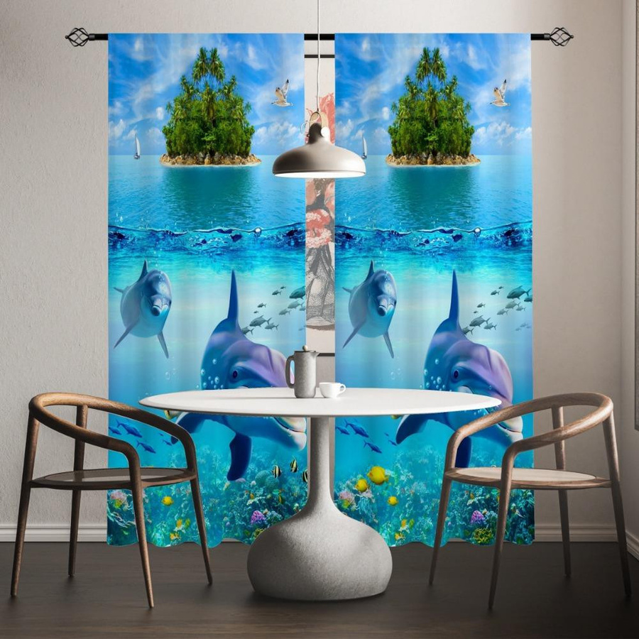 Yiran Furniture Dekorative Vorhänge mit Delphin-Muster, 2er-Set, halbtransparent, Mehrfarbig, B: 100 cm, H: 130 cm - Bild 3