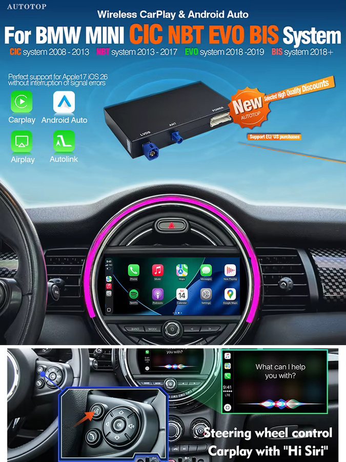 AUTOTOP CarPlay Android Auto Decoder Box für BMW Mini R55 R56 R57 R58 R59 R60 R61 F54 F55 Clubman Countryman Hardtop John CCC CIC NBT EVO BIS System, Schwarz - Bild 5