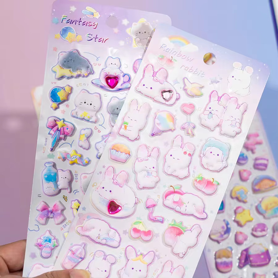 4 Stück 3D Puffy Aufkleber mit Cartoon Tier Motiven Traumbär und Kaninchen in Multicolour für Scrapbooking und DIY Journaling - Bild 1