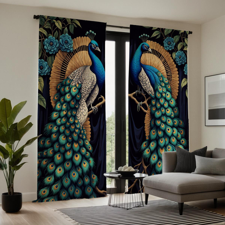 2er-Set dekorative Vorhänge mit Pfauen-Motiv in Blau, semi-transparent, moderner Stil, B: 132 cm, H: 160 cm - Bild 4
