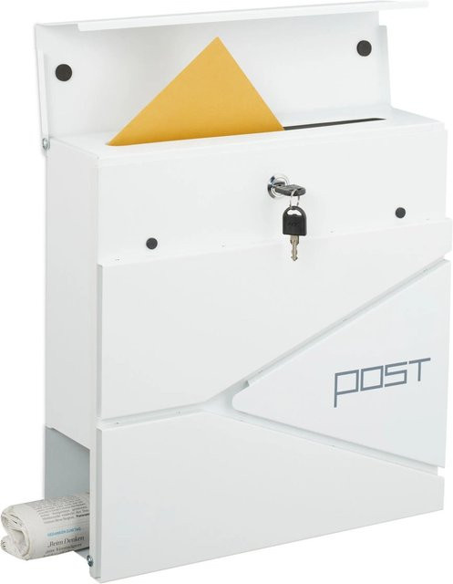 Abschließbarer Briefkasten aus Eisen von Relaxdays mit Zeitungsfach in Weiß, B/T/H: 38 x 37 x 12 cm - Bild 1