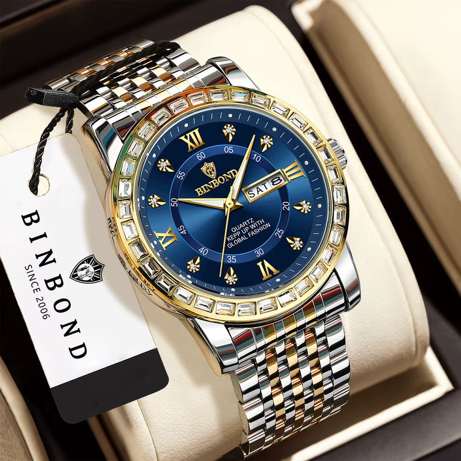 BINBOND Armbanduhr Quarz, Edelstahl, Blau, Herren, Datum, Wochentag - Bild 2