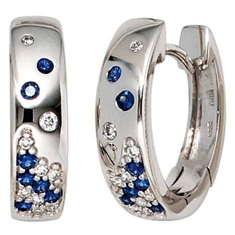 Colfem Creolen 585 Weißgold, 18 Diamanten, 14 blaue Safire, Ohrringe - Bild 1