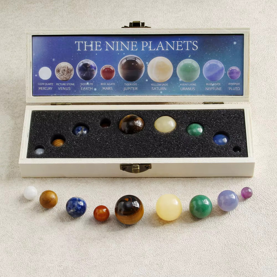 Amethyst Naturstein Sonnensystem Set mit Holzkiste, Buntes Planeten-Dekorationsset aus Kristallen - Bild 3