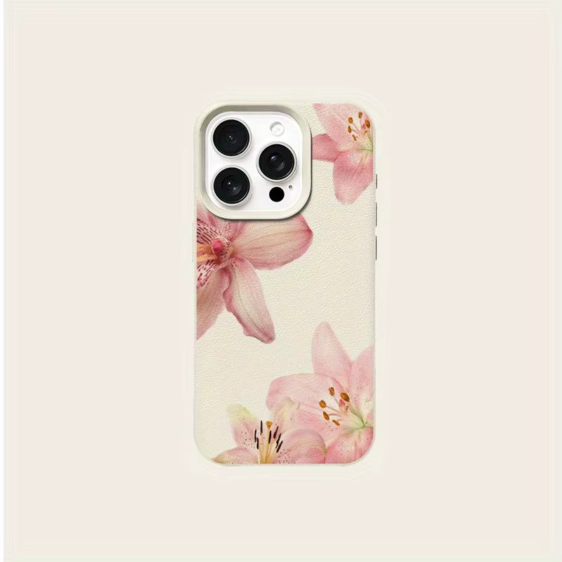 Apple Handyhülle mit Blumenmuster und Litschi-Struktur in Pink und Beige für iPhone 17 16 Pro Max 15 14 Plus 13 12 11 stoßdämpfend und rutschfest - Bild 4
