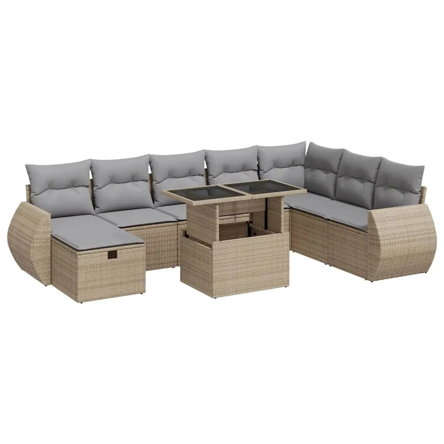 vidaXL 9-tlg. Garten-Sofagarnitur aus Poly-Rattan in Beige mit Kissen und Couchtisch - Bild 2
