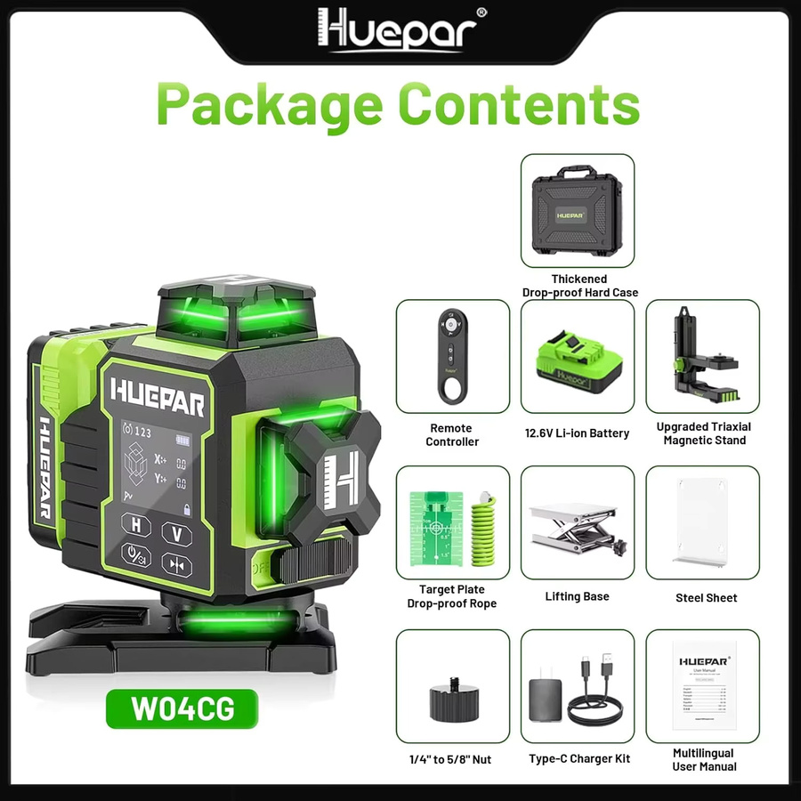 Huepar W04CG Laser Level Selbstnivellierend 4x360 Grad Bluetooth 4D Green Laser Leveler mit elektrisch drehbarer Basis und LCD-Bildschirm - Bild 6