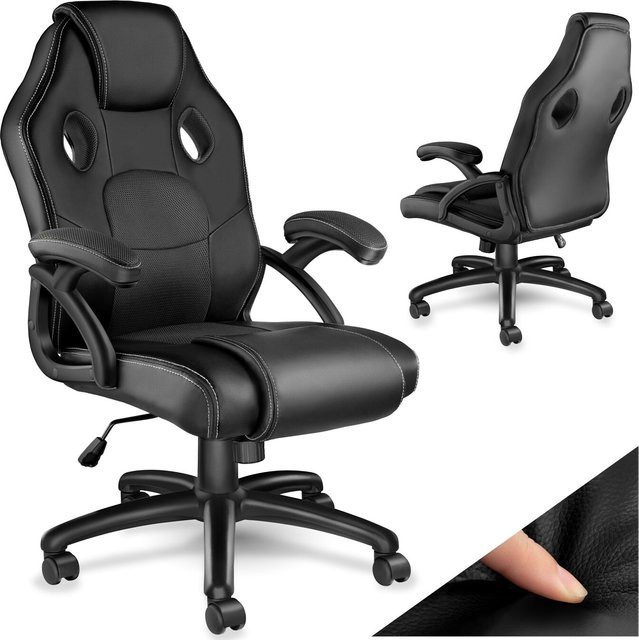 tectake Racing Bürostuhl in Schwarz mit Kunstleder und Mesh-Gewebe, ergonomisch und höhenverstellbar - Bild 1
