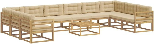 vidaXL Outdoor-Sofagarnitur in U-Form aus massivem Akazienholz mit 11 Kissen in Weiß und Beige - Bild 1