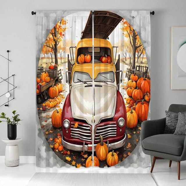 2er-Set Vorhang mit Kürbis-Oldtimer-Motiv in Orange und Ahornwaldgelb, digital bedruckter Dekovorhang für dein Zuhause, B: 132 cm, H: 160 cm - Bild 1
