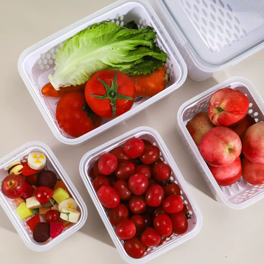 Multiyilego Mehrzweck-Drainage-Crisper-Box mit Ablaufkorb und Snap-Lid, stapelbare Aufbewahrungsbox für Gemüse, Farbe: Weiß/Transparent - Bild 2