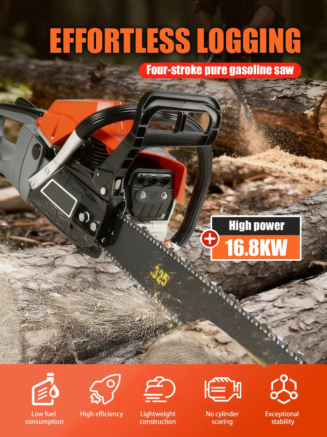 Tungfull Hochleistungs-Benzin-Kettensäge mit 16800W und 4-Takt-Motor in Orange für die Forstwirtschaft und zum Schneiden von Brennholz - Bild 6