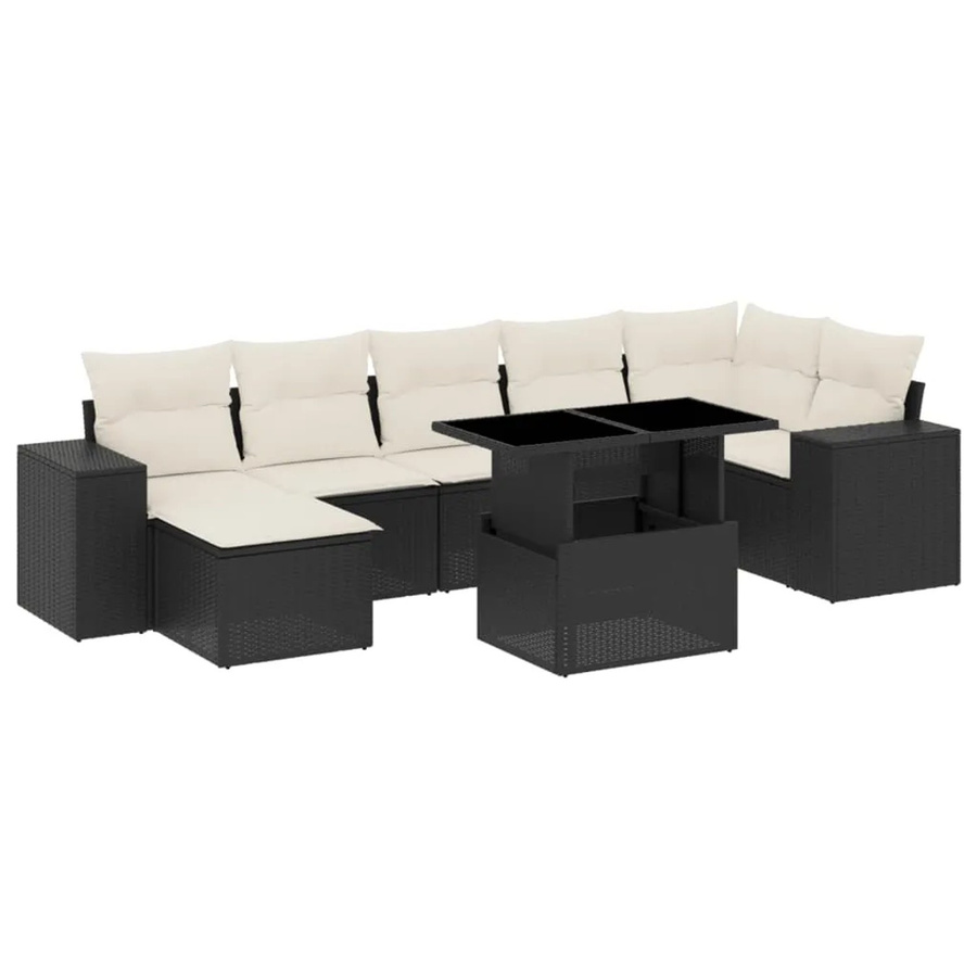 vidaXL 8-tlg. Garten-Sofagarnitur in L-Form aus Poly-Rattan und pulverbeschichtetem Stahl mit Kissen in Schwarz und Cremeweiß - Bild 2