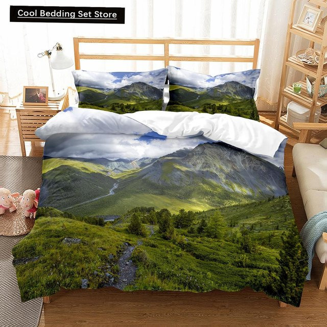 Bettwäscheset Altai-Gebirge Naturlandschaft mit Wald und See, King Queen Bettbezug aus Polyester in Grün, Breite: 245 cm, Höhe: 210 cm - Bild 1