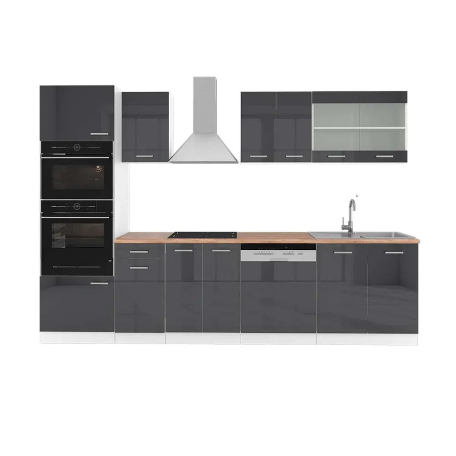 Vicco R-Line Küchenzeile in Anthrazit Hochglanz und Weiß mit Hochschrank in Eiche, Breite: 300 cm - Bild 1