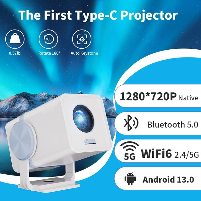 DESS Tragbarer Smart Projektor mit Android 13, Dualband WLAN und Bluetooth in Weiß - Bild 1