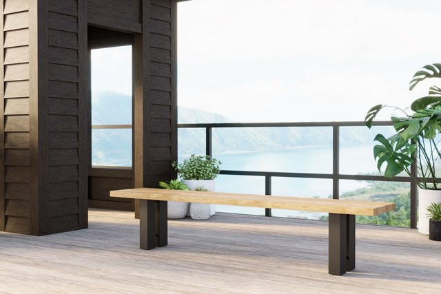 OUTFLEXX New Bob Bank aus Aluminium und recyceltem Teak in Anthrazit/Natur, B/T/H: 220 x 40 x 46 cm, rustikal gebürstet - Bild 1