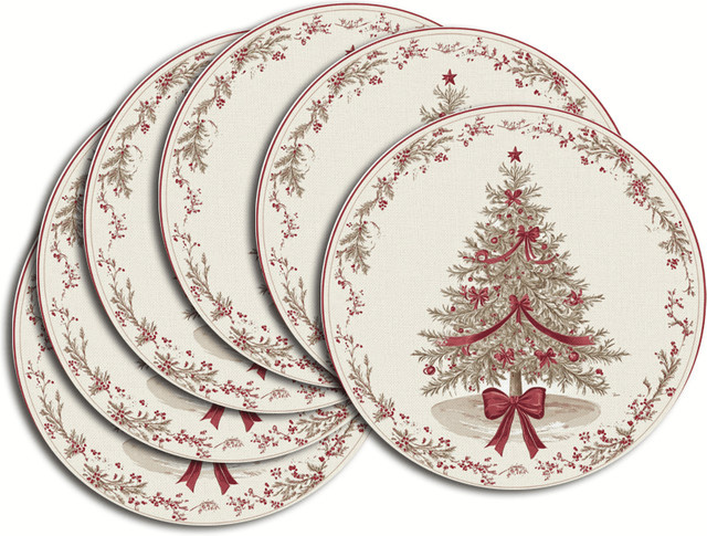 VIKAMA 6er Set Weihnachts Tischsets mit Weihnachtsbaum, Schleife und Beeren in Mehrfarbig - Bild 1
