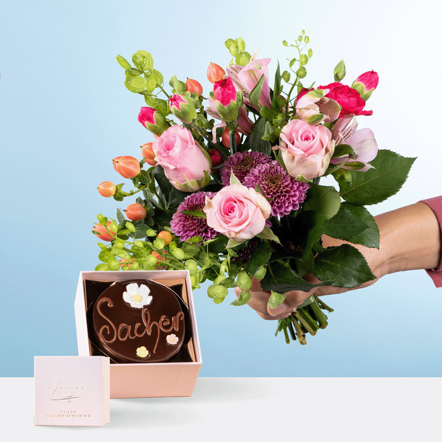 BLUME2000 Bouquet Glücksbote mit Blumen-Sachertorte 200g - Bild 1