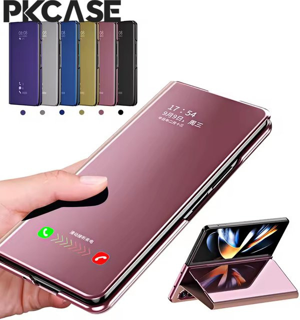 PKCASE Smart Mirror Flip Handyhülle aus Leder für Samsung Galaxy Z Fold 8 Z Fold 7 Z Fold 6 Z Fold 5 Z Fold 4 Z Fold 3 5G in Gold und Pink - Bild 1