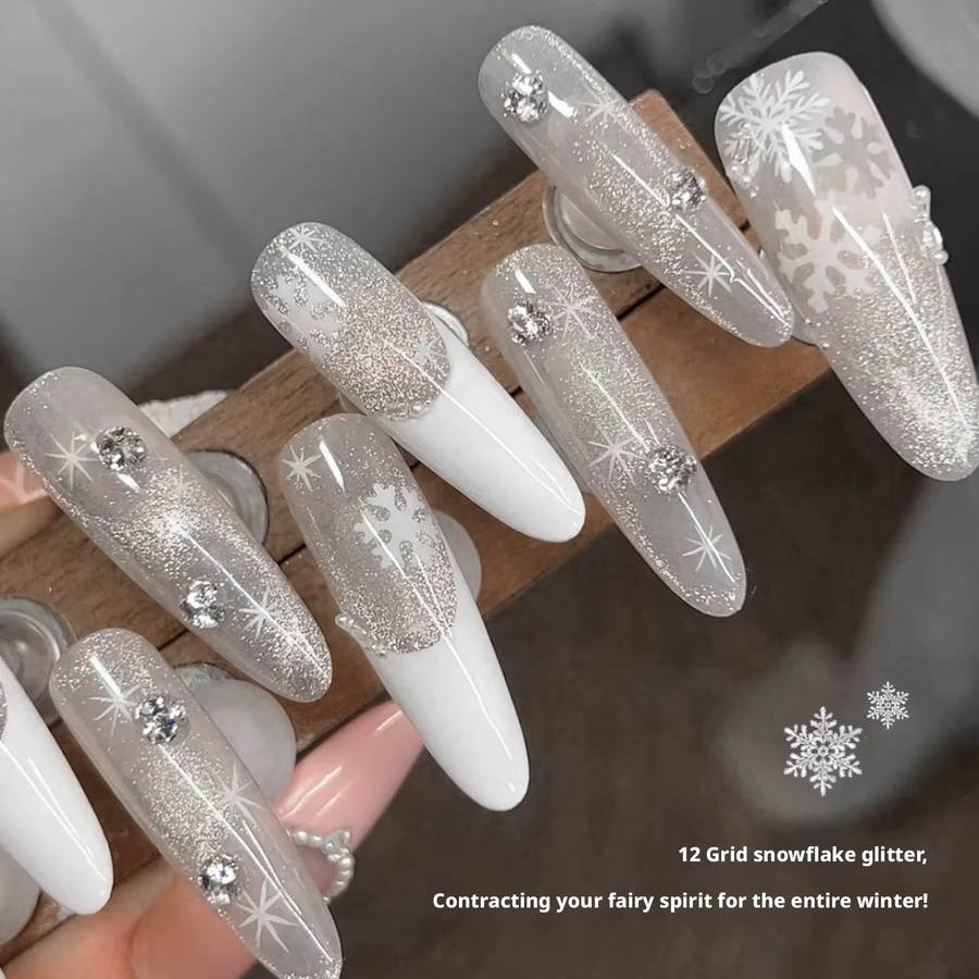 Kaniu Nagelkunst-Set, Eiskristall-Schneeflocken-Glitzer, Weiß, Silber, Unisex - Bild 2