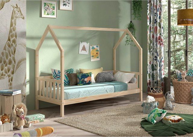 CABANE Hausbett für Kinder aus massiver Kiefer in Natur mit seitlicher Umrandung, B/T/H: 90 x 200 cm, Farbe: Braun - Bild 1