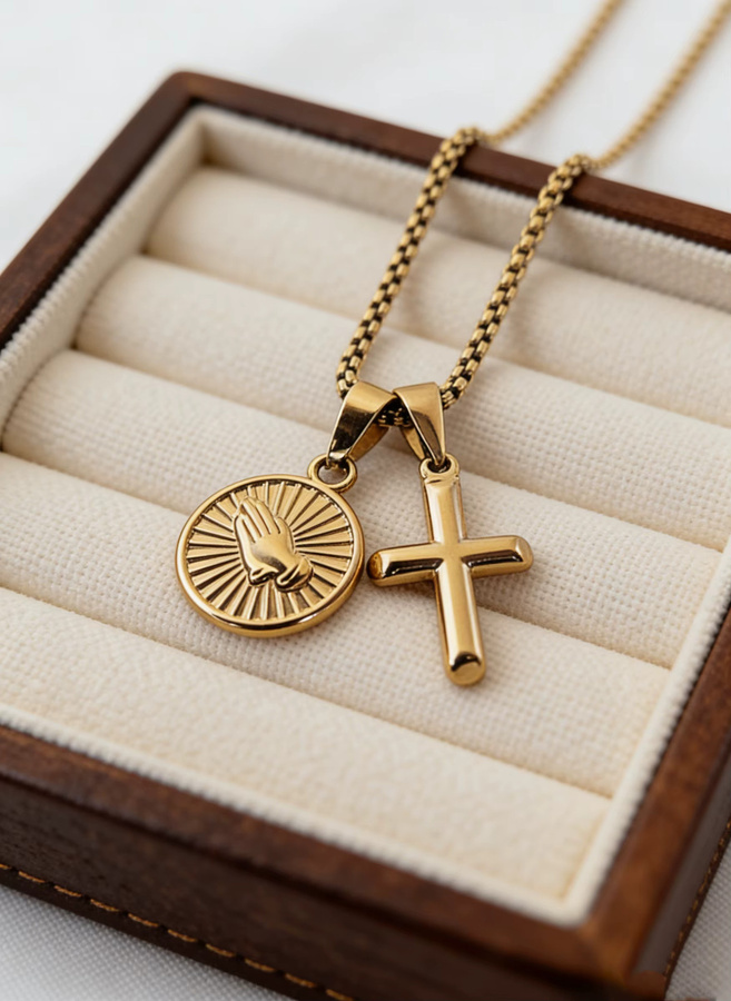 MECYLIFE Halskette Gebetshände, Kreuz, Edelstahl, Gold, Herren - Bild 4