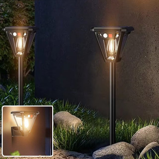 LINYILIGHT Solar-Wegeleuchte mit Bewegungssensor, 2-in-1 Wand- und Pfahlmontage, LED Landschaftsbeleuchtung in Schwarz, Warmweiß - Bild 1