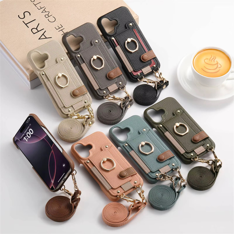 Leder-Umhängetasche mit Kartenhalter und Lanyard-Ring als Handyhülle für Apple iPhone, Farbe: Grau - Bild 5