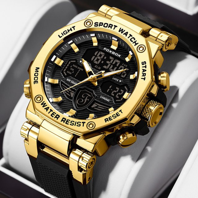 FOXBOX Chronograph Armbanduhr, Quarz, Silikon, Herren, Schwarz, Gold - Bild 1