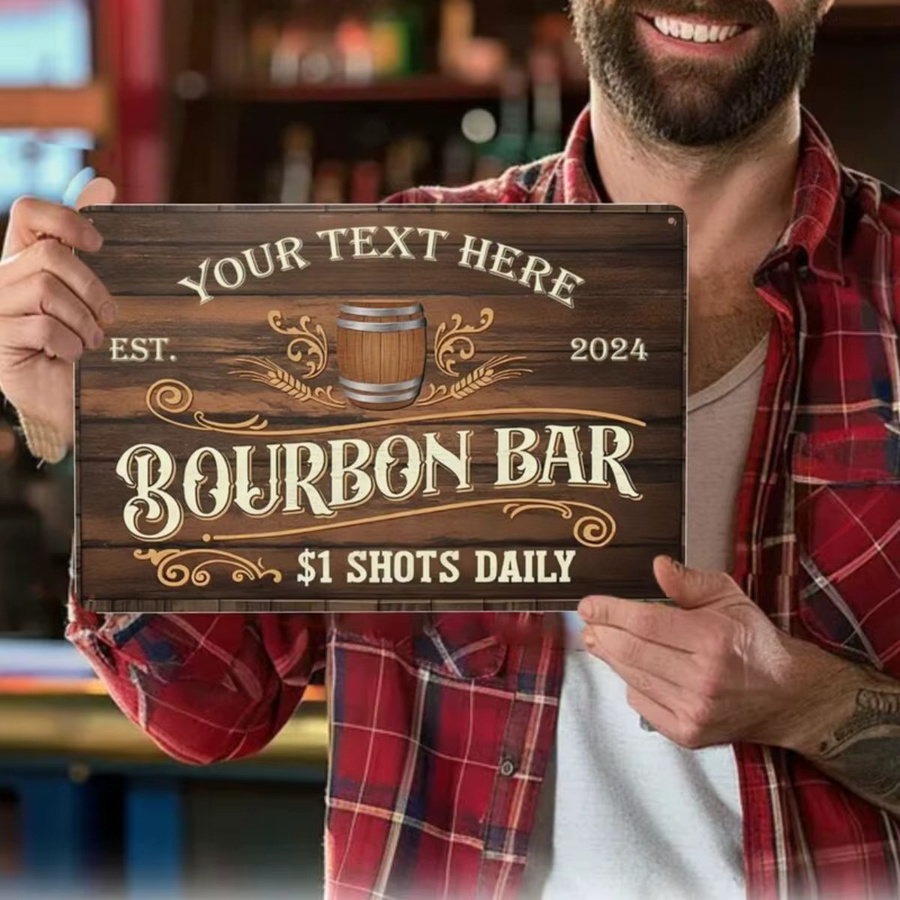 Maßgefertigtes Rustikales Holz-Bourbon-Bar Aluminiumschild von Hello Young in Braun und Weiß als Vintage Wanddekoration für dein Heim oder deinen Pub - Bild 3
