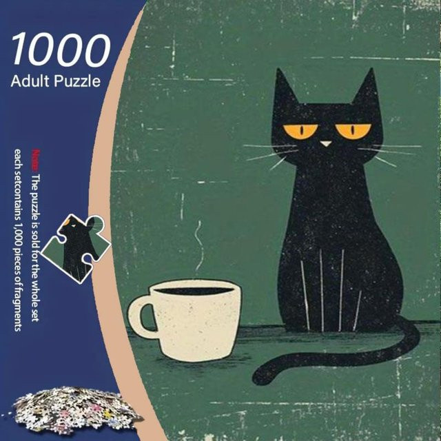 AZNM Puzzle, dunkle schwarze Katze mit warmem Kaffee und grünem Retro-Hintergrund, 1000 Teile - Bild 1