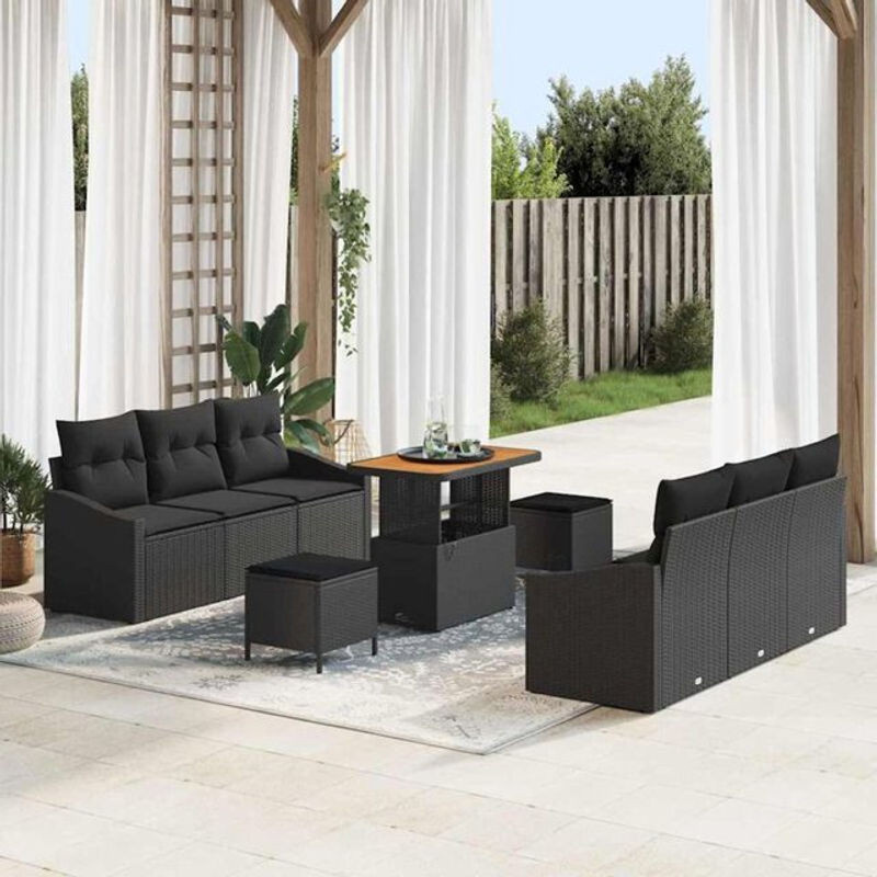 Vidaxl Polyrattan Garten-Sofa-Set mit Kissen und Hocker in Schwarz, modernes modulares Loungemöbel-Set, B/T/H: 90 x 55 x 71 cm - Bild 1