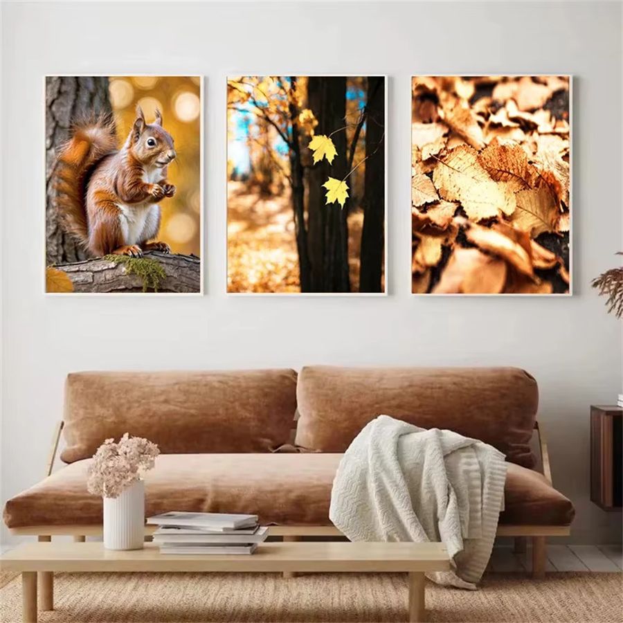 Potdemiel Leinwand Wandbild Herbst Waldlandschaft mit Blättern, Eichhörnchen und Kürbis im Portraitformat - Bild 4