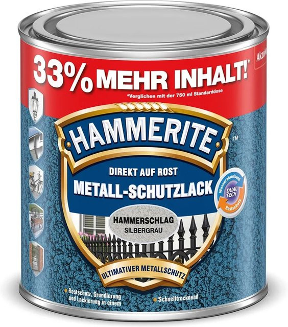 Hammerite Metall-Schutzlack Silbergrau Hammerschlag, wetterfest und schnelltrocknend - Bild 1