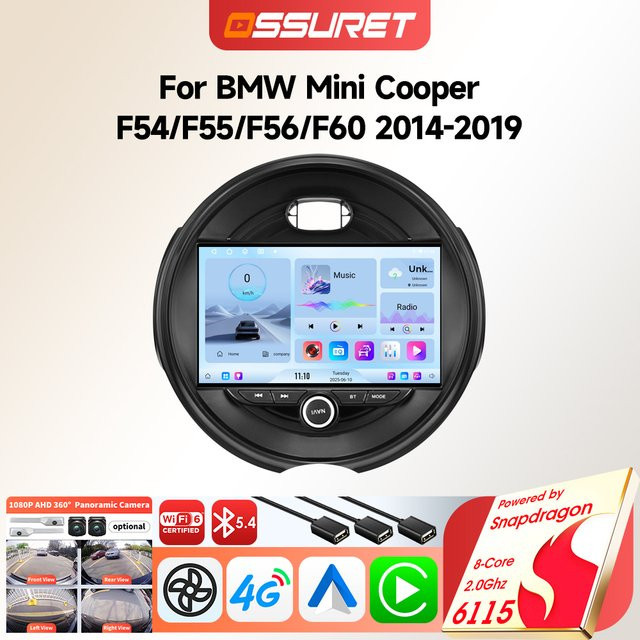 OSSURET Android Autoradio-Player mit GPS und Bluetooth für BMW Mini Cooper F54 F55 F56 F60 (2014 - 2019) inklusive kabellosem Carplay, Schwarz - Bild 1