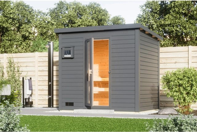 Karibu Saunahaus Arvi Log Cabin Set in Terragrau mit 9 kW Ofen, externer Steuerung und Bio-Funktion aus Fichte - Bild 1