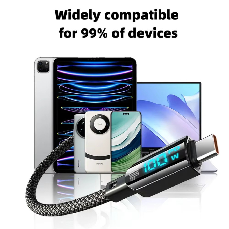100W USB-C auf USB-C Ladekabel mit LED-Digitalanzeige und PD-Schnellladung, geflochtenes Datenkabel in Schwarz - Bild 3