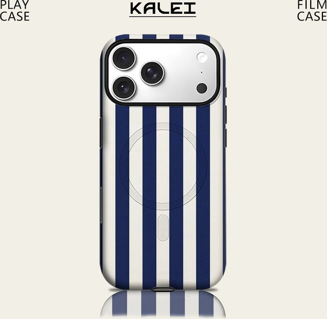 Robuste Handyhülle von Potdemiel mit marineblauen und weißen vertikalen Streifen für iPhone 17 16 15 14 13 Pro Max Plus, magnetische Doppelschicht-Schutzhülle - Bild 1