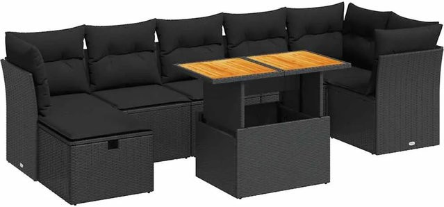 vidaXL 8-teilige Garten-Sofagarnitur in L-Form aus schwarzem Poly-Rattan mit Kissen und pulverbeschichtetem Stahlgestell - Bild 1