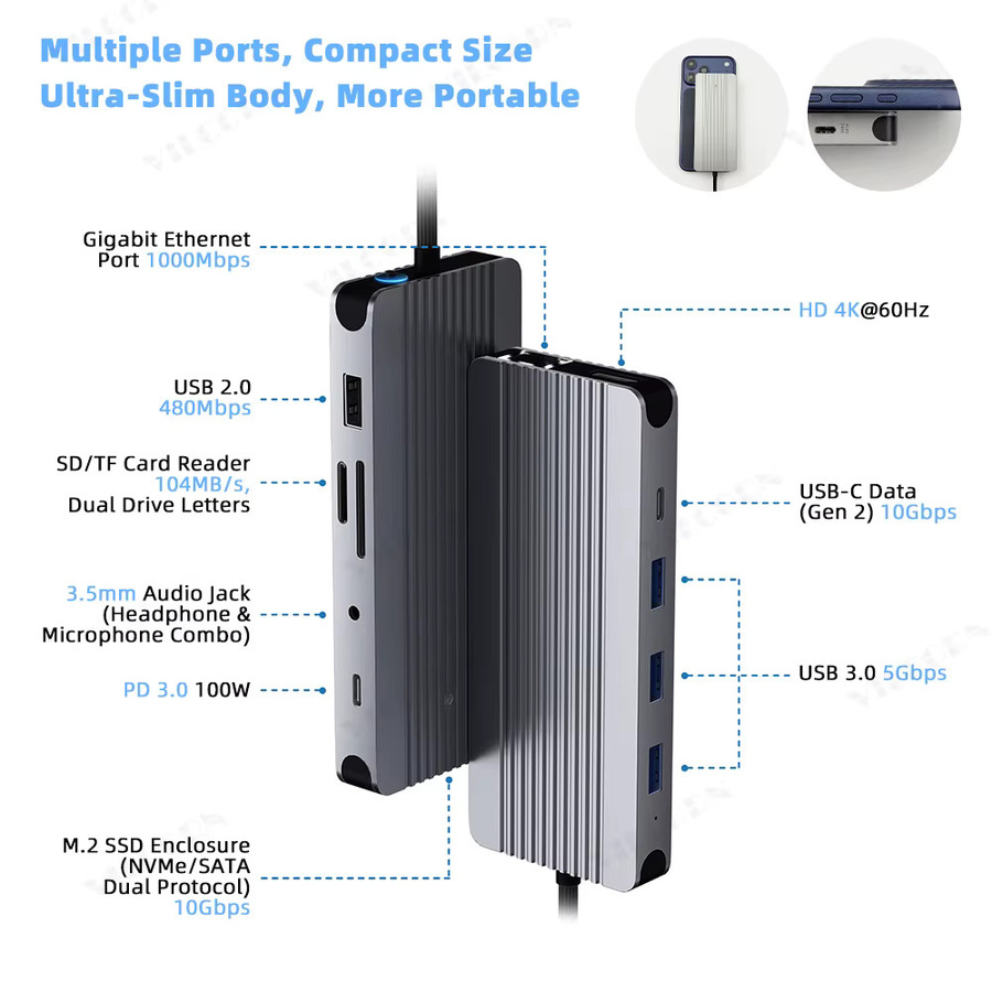 VILCORN 12-in-1 USB-C Dockingstation mit M.2 SSD-Gehäuse und HDMI 4K UHD Adapter für Macbook Pro - Bild 6