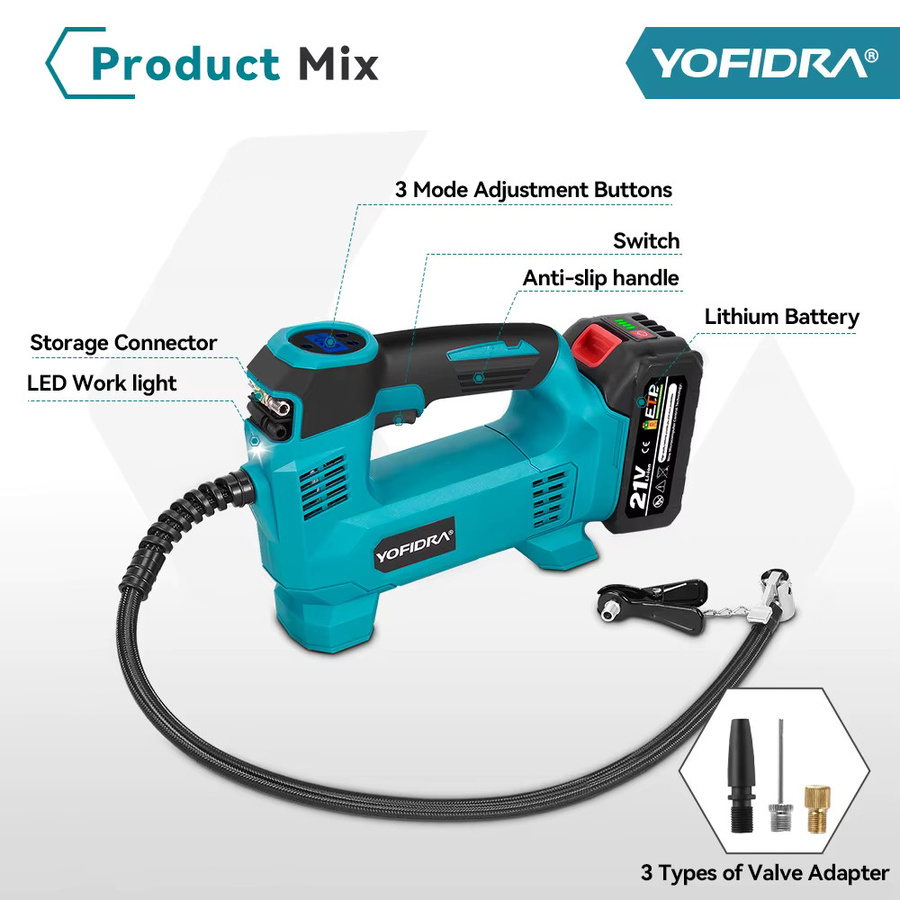 YOFIDRA Kabelloser elektrischer Luftpumpenkompressor mit LED-Anzeige und Akku-Anschluss für Makita 21 V Batterien in Blau - Bild 5