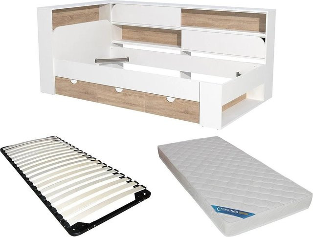 Vente-unique Bettrahmen Tamadu mit Schubladen in Weiß und Naturfarben, H x B x T: 118,5 x 90,5 x 211,6 cm - Bild 1