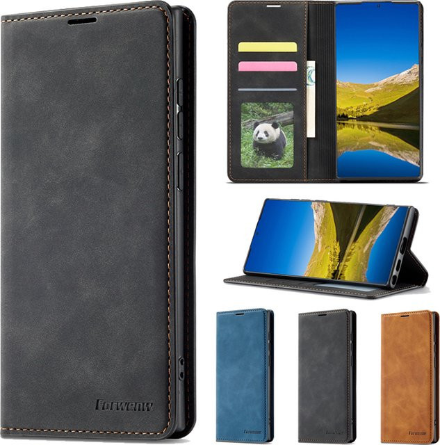 Magnetische Leder-Brieftasche für Samsung Galaxy S24 Ultra und S24 Plus in Schwarz mit Fotorahmen und Kartenfach - Bild 1