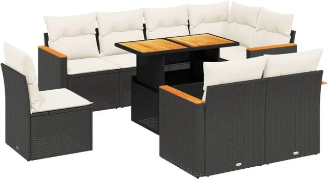 vidaXL 9-tlg. Garten-Sofagarnitur in L-Form aus schwarzem Poly-Rattan mit Kissen und Akazienholz - Bild 1