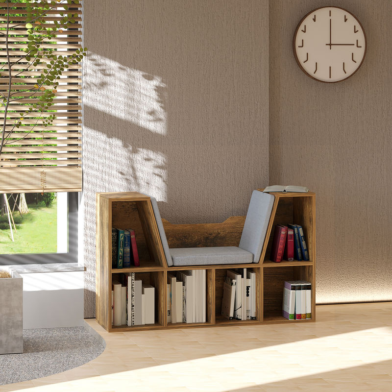 Aosom 2-in-1 Bücherbank mit Sitzkissen und Würfelregal mit 6 offenen Fächern, Rustikbraun, B: 102 cm, T: 30 cm, H: 61 cm - Bild 2