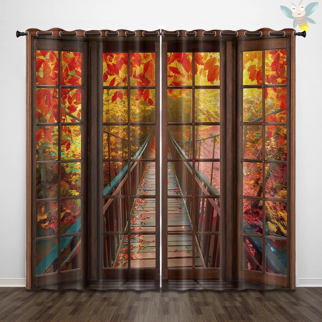 2er-Set Vorhänge mit Herbstwaldblattmuster in Beige und Multicolour, halbtransparent mit Ösen, B: 140 cm, H: 160 cm - Bild 1
